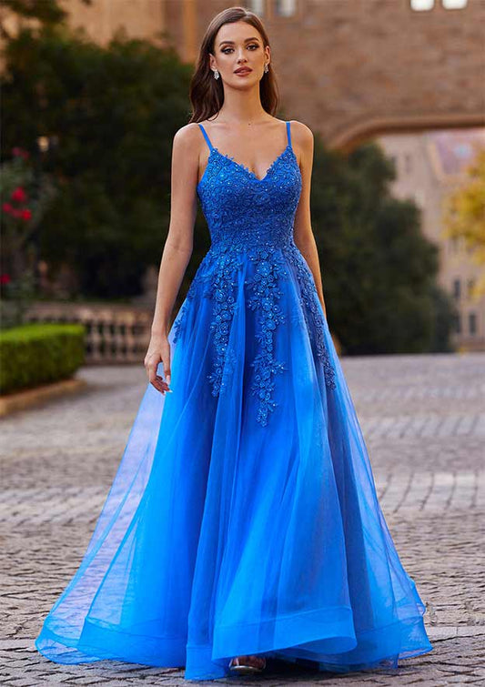 A-line tulle prom dress with intricate applique details, featuring a flowing tulle skirt and a fitted bodice, perfect for formal occasions and special events