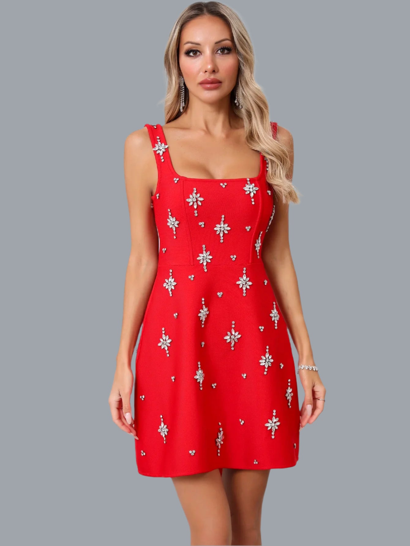 Model wearing glamorous A-line bandage evening dress