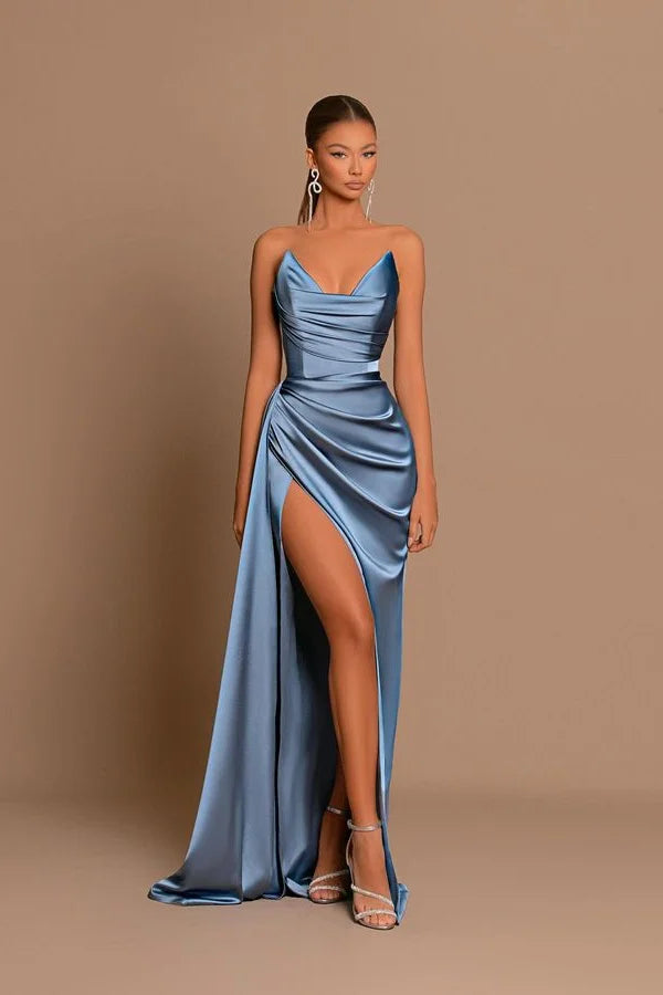 Sweetheart Dusty Blue Evening Dress Mermaid Long Slit With Pleats - Yembifashion 