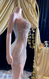 A sparkling Crystal Silver Bling Rhinestone Birthday Dress for ladies, featuring shimmering rhinestones and elegant details, perfect for special occasions.