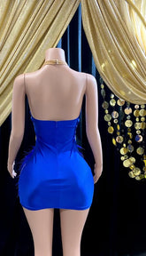Blue diamante tulle mini dress with sparkling rhinestone details, perfect for parties and special occasions."