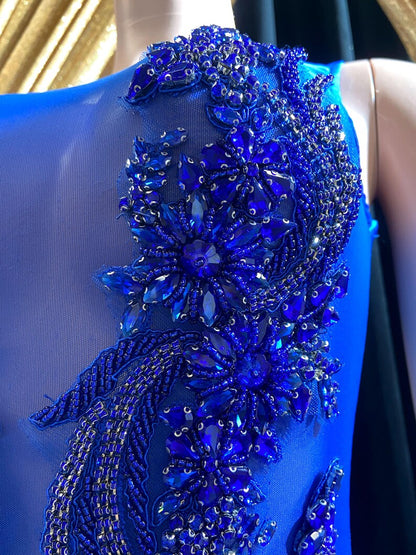 A stunning royal blue embellished mini dress with sparkling rhinestones, ideal for prom or formal events.