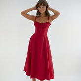 French style lace-up A-line maxi dress – elegant high waist long dress”