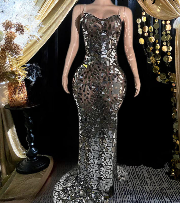Mirror Evening Dress with intricate embellishments and glitter details, perfect for formal occasions.