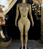 A fashionable gold rhinestone bodysuit with sparkling details, tailored for a flattering, stylish fit