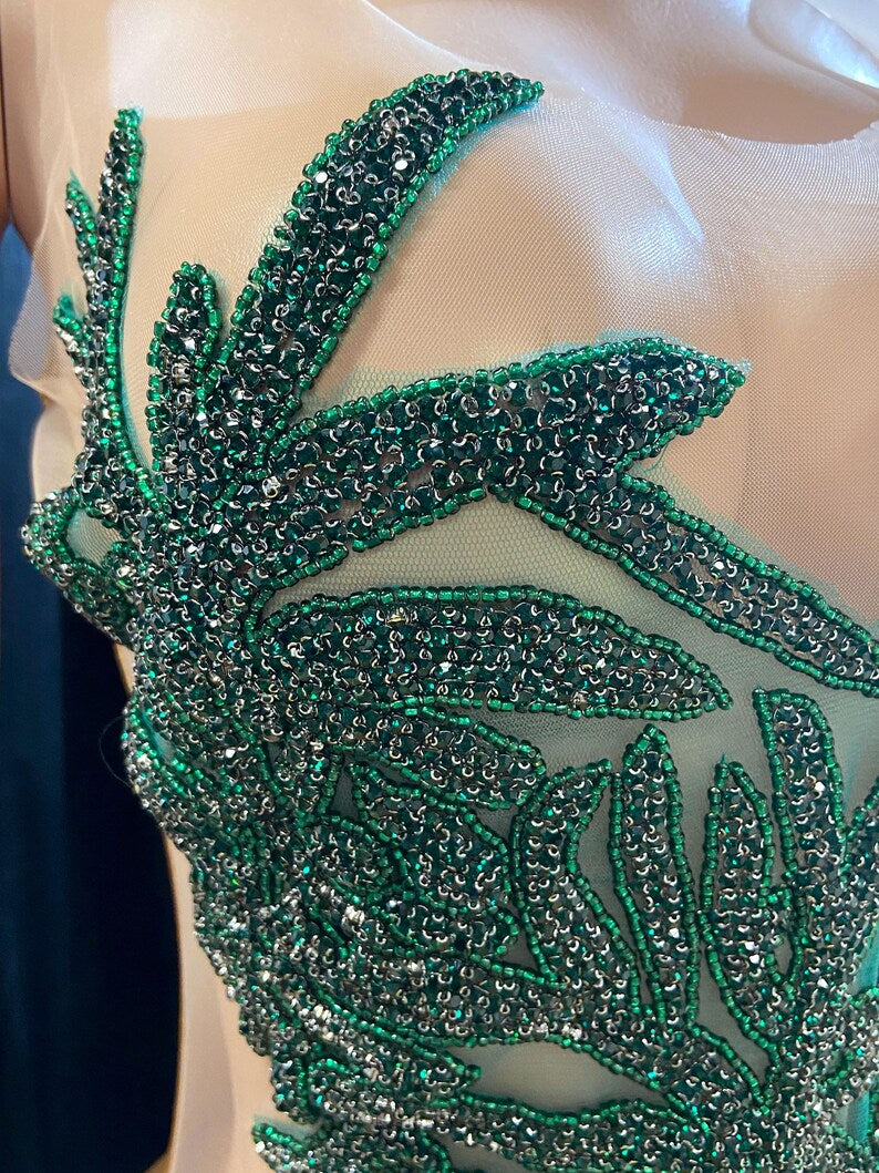 Oliver Green Gold Rhinestone Applique Evening Ball Dress with intricate detailing, perfect for formal occasions.