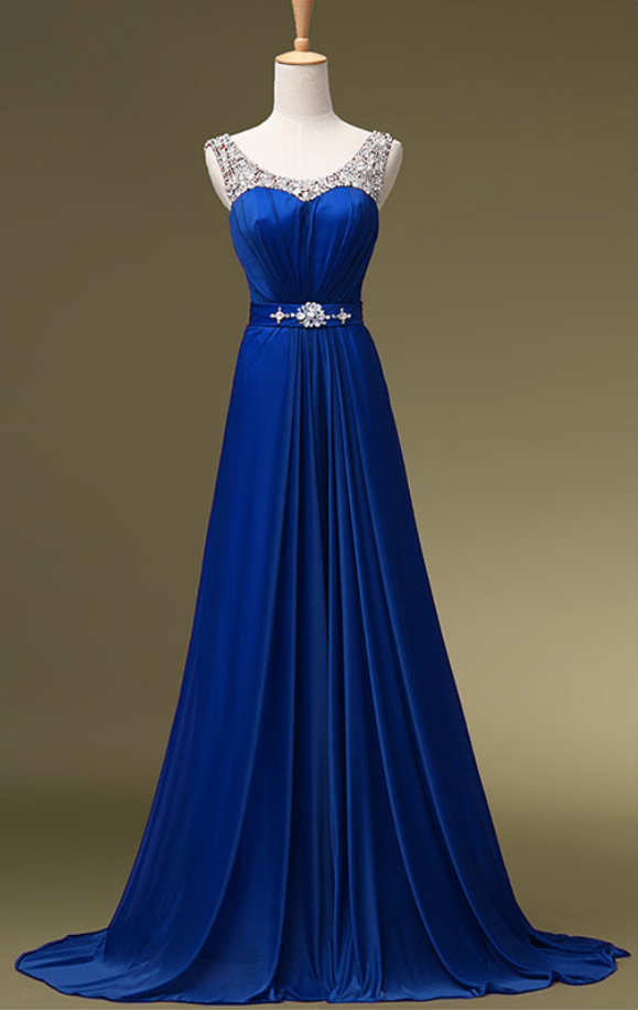 Royal Blue Long Chiffon Floral Beadings Scoop A Line Evening Gown Prom Party Dresses - Yembifashion 