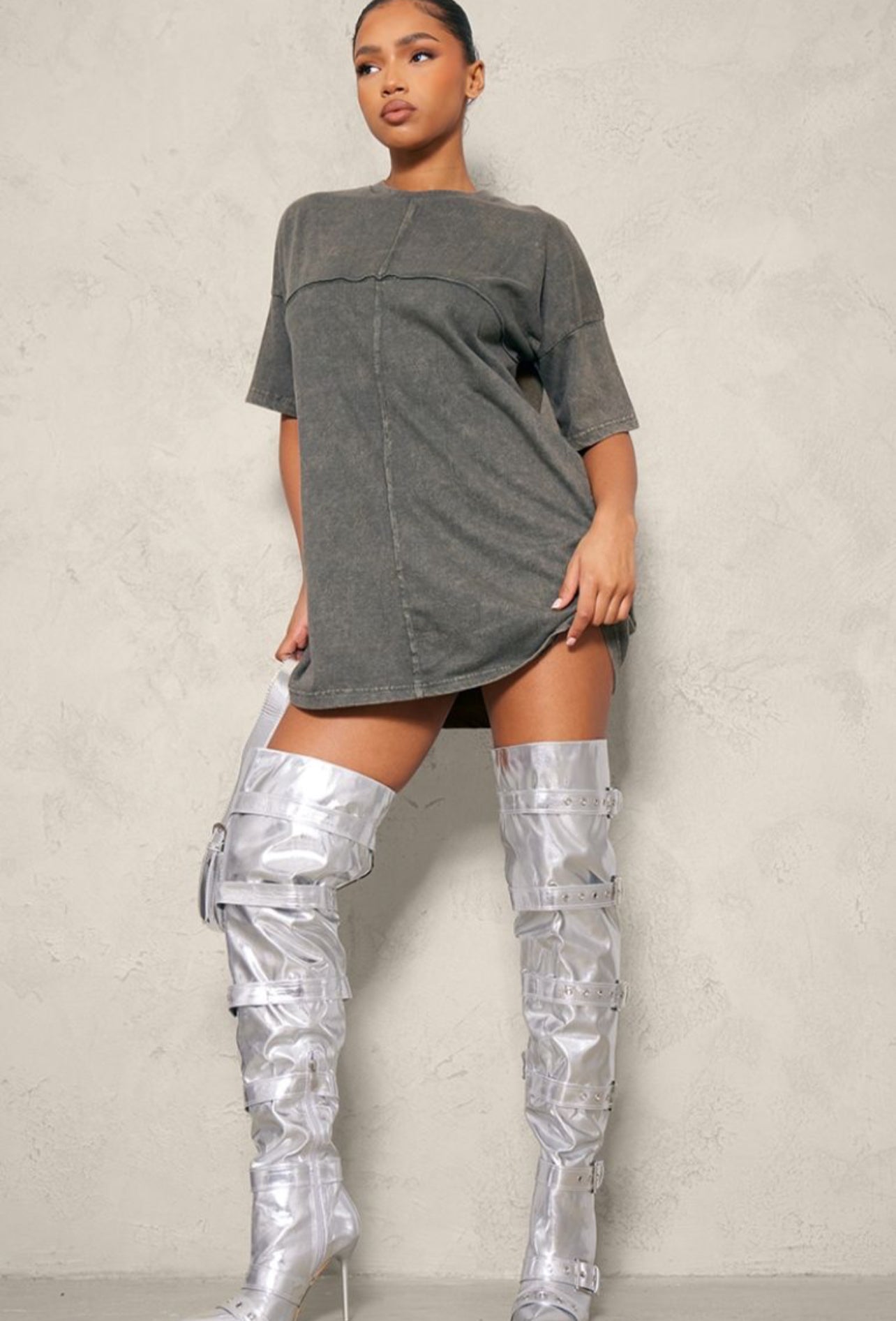 Silver Point Toe knee Block Heels Boot