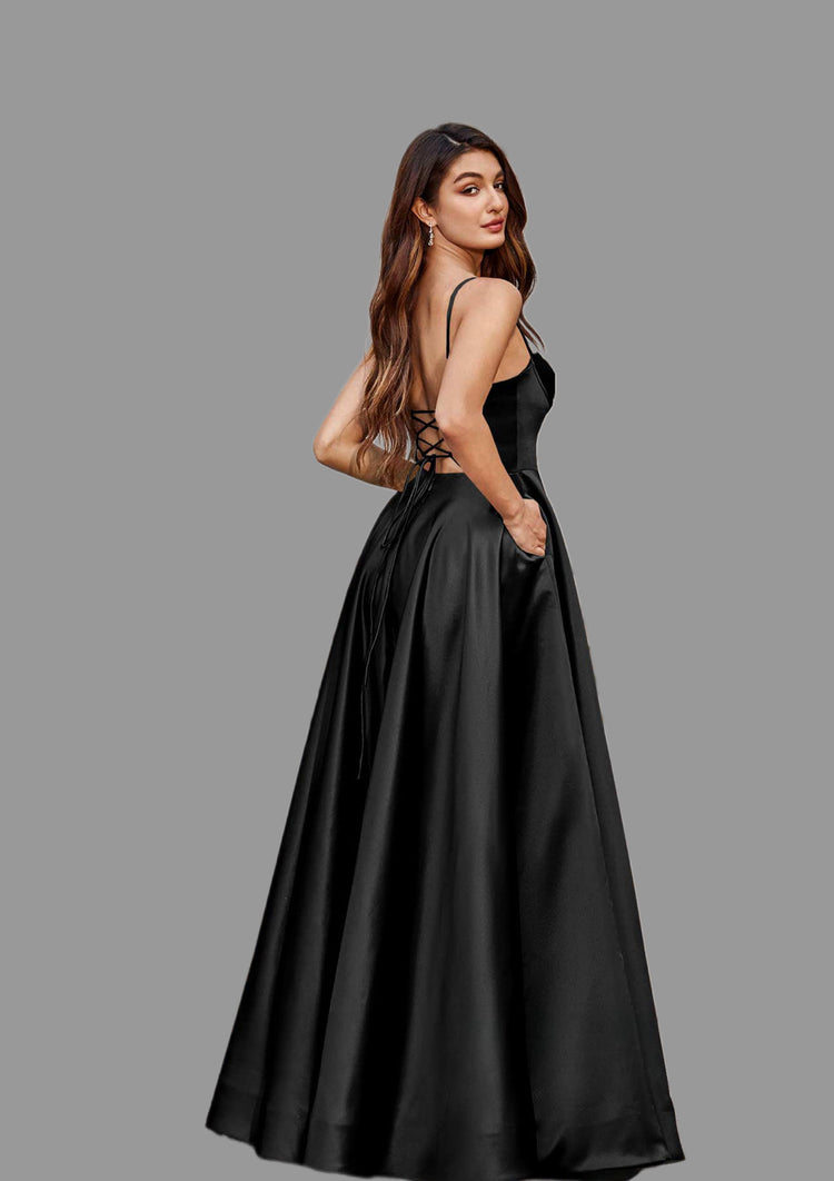 A-line Satin Prom Dress Sweetheart Floor-Length with Pockets Split - Yembifashion 