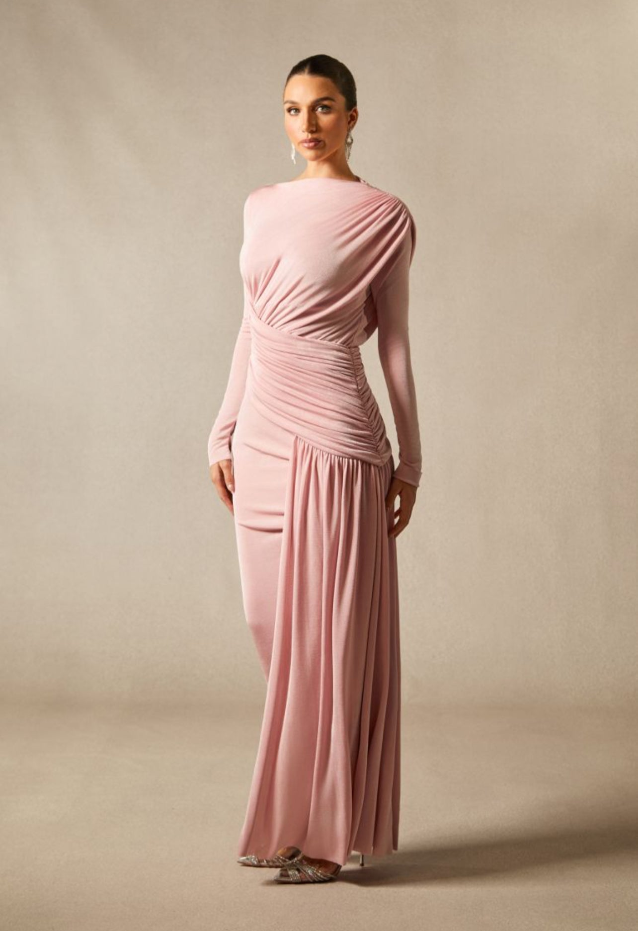 Long Sleeve Boat Neck Maxi Dress – Draped Waist Evening Gown with Side Gather