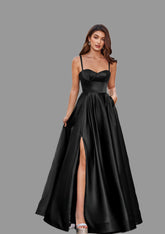 A-line Satin Prom Dress Sweetheart Floor-Length with Pockets Split - Yembifashion 