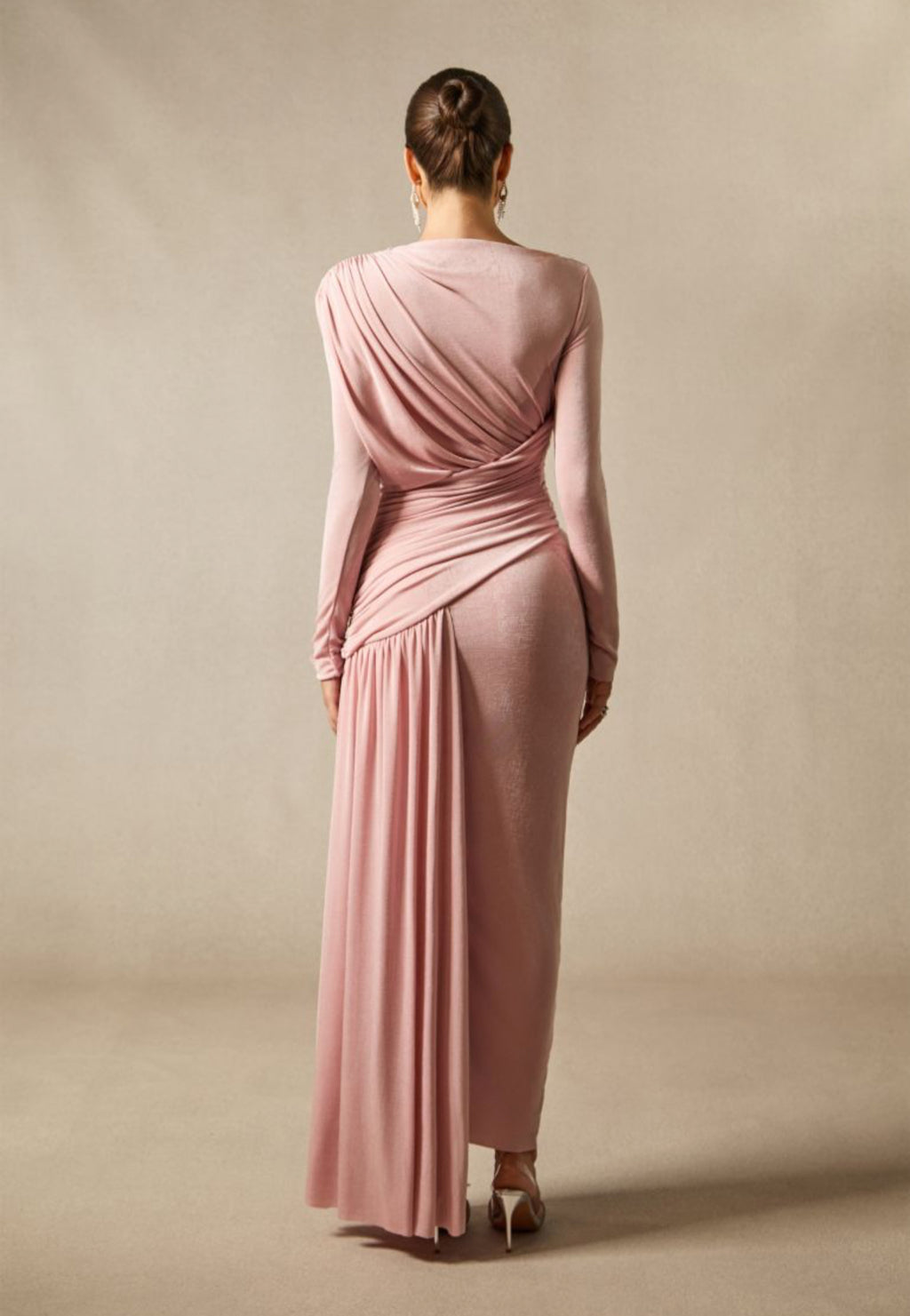 Long Sleeve Boat Neck Maxi Dress – Draped Waist Evening Gown with Side Gather