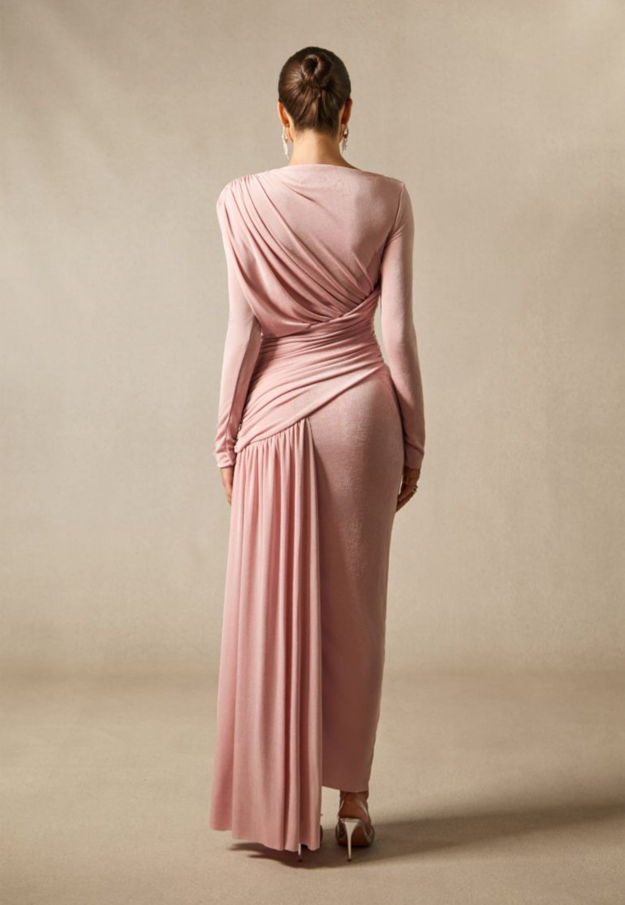 Long Sleeve Boat Neck Maxi Dress – Draped Waist Evening Gown with Side Gather