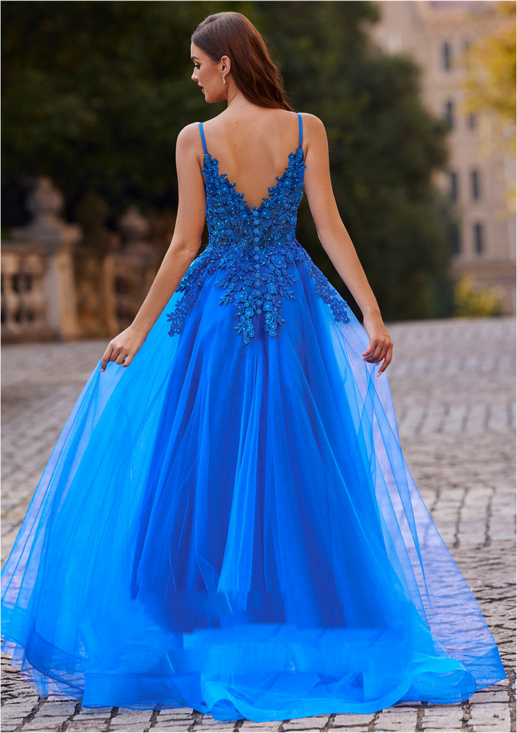 A-line tulle prom dress with intricate applique details, featuring a flowing tulle skirt and a fitted bodice, perfect for formal occasions and special events