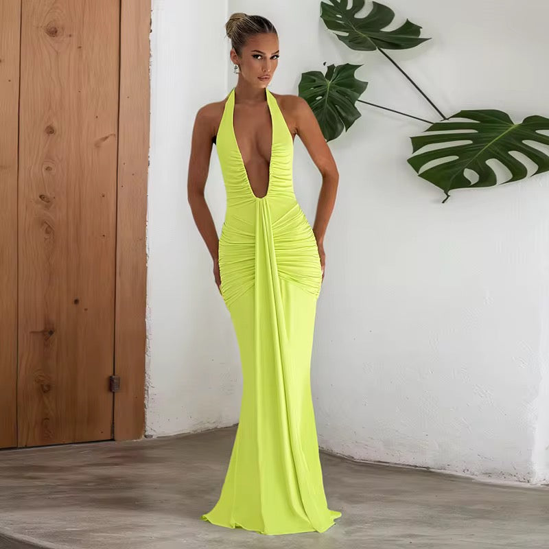 Elegant Halter V-Neck Backless Pleated Dress with Lace-Up Detail – Women’s Evening Dress