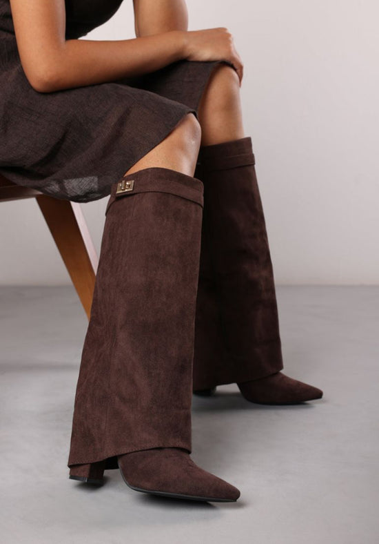 High Block Heel Boots in brown Swede Faux Leather