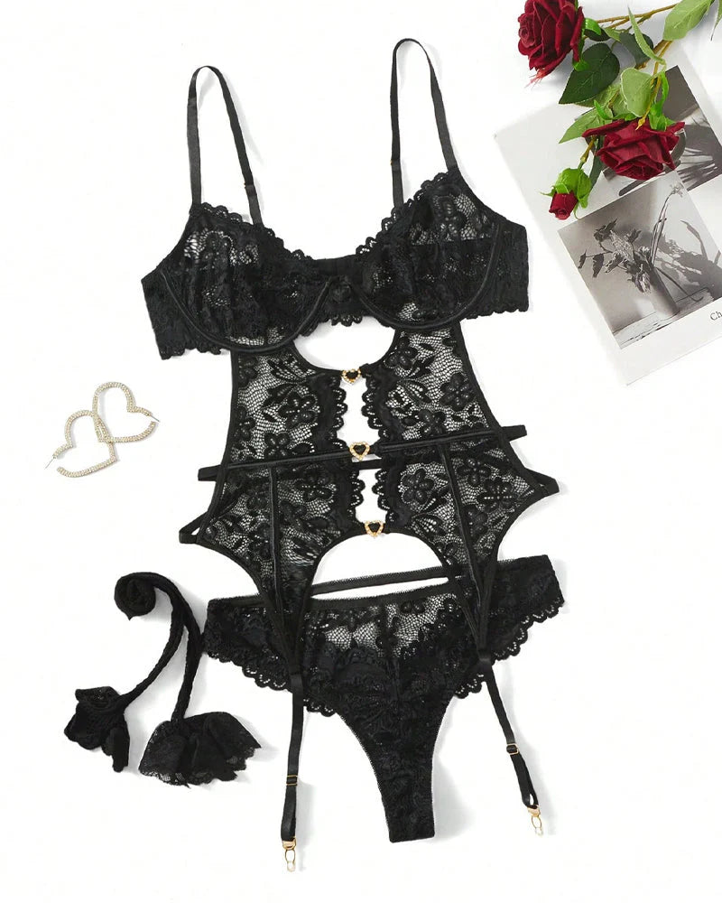 Floral Lace Mesh Bodysuit Belt and Fishnet Stockings Set