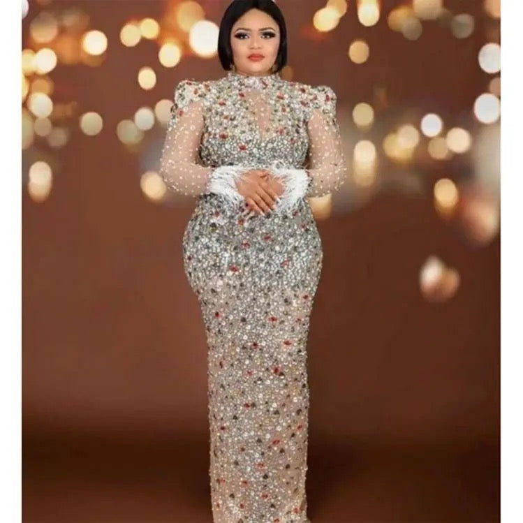 Silver Sparkly  rhinestones sequins  dress |evening prom dress| stranparant shining dress - Yembifashion 