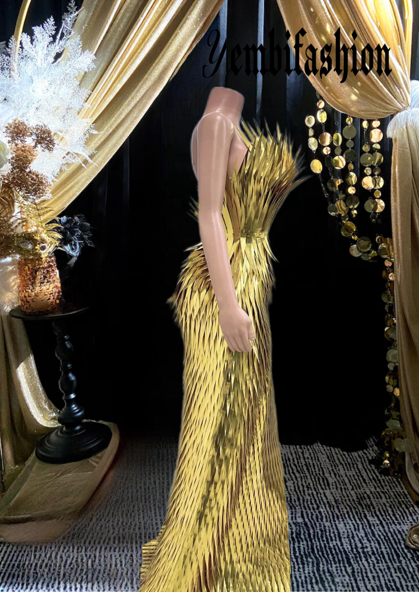 Gold side slit dress with metallic feathers, luxury evening wear
