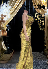 Gold side slit dress with metallic feathers, luxury evening wear