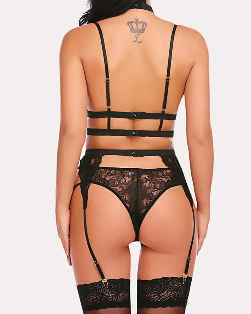 Lace Mesh Bra and Garter Panty Set with Removable Choker