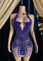 Blue Rhinestone Embellish Mini Dress - Yembifashion 