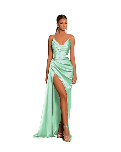 Sweetheart Dusty Blue Evening Dress Mermaid Long Slit With Pleats - Yembifashion 