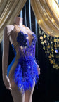 Blue diamante tulle mini dress with sparkling rhinestone details, perfect for parties and special occasions."