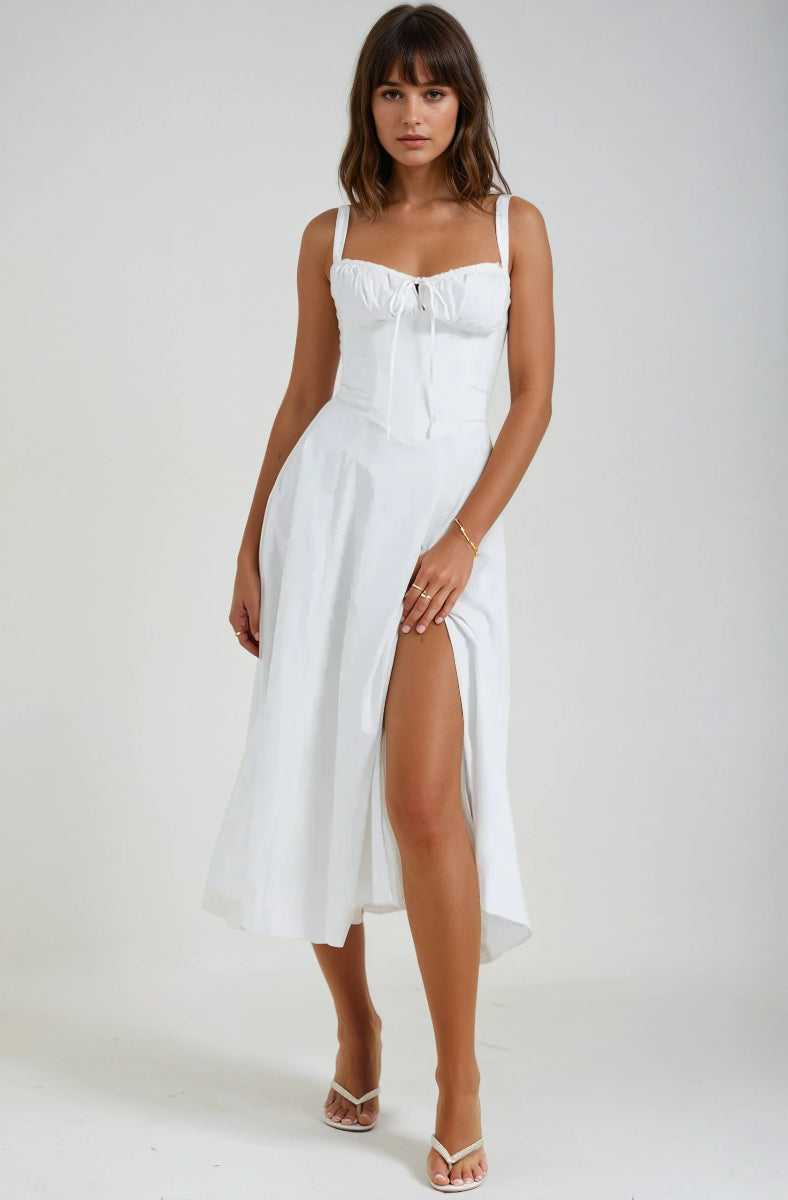 French style lace-up A-line maxi dress – elegant high waist long dress”