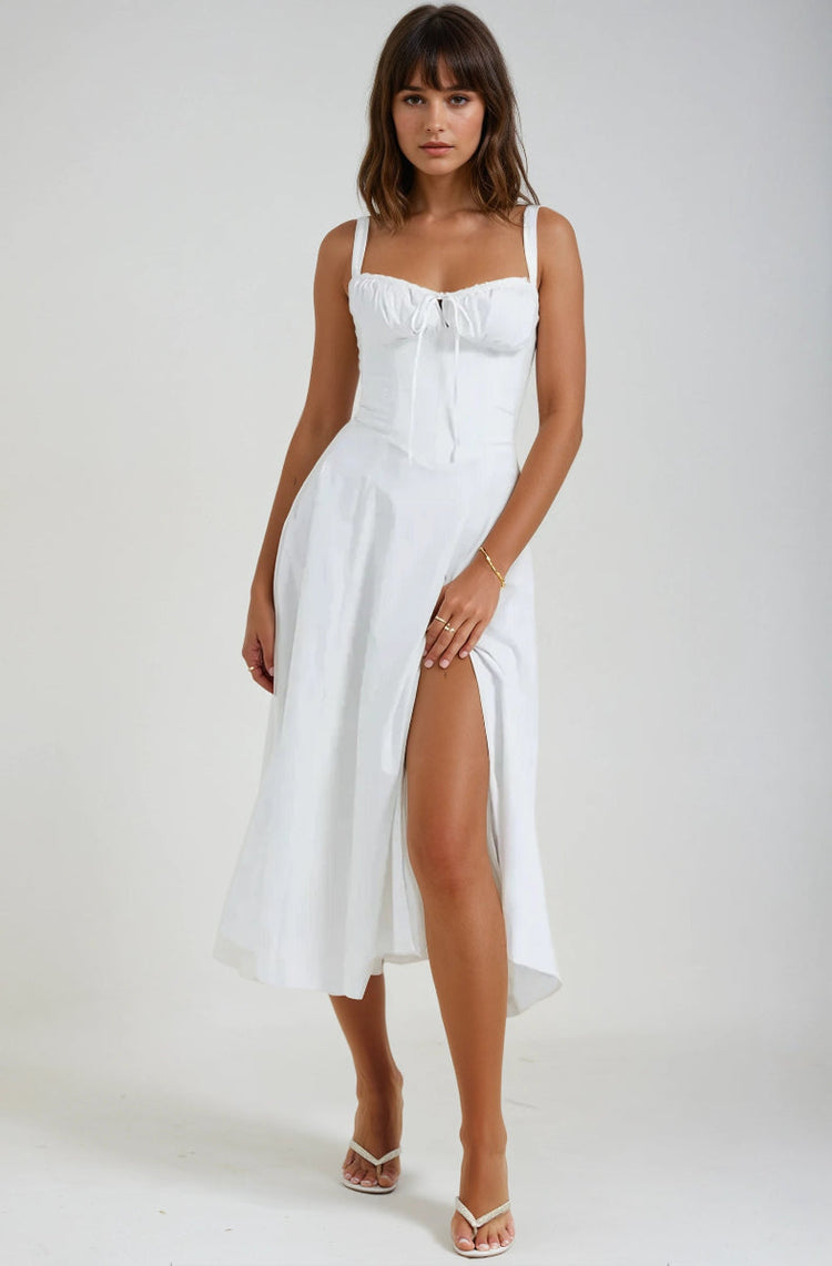 French style lace-up A-line maxi dress – elegant high waist long dress”