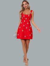 Model wearing glamorous A-line bandage evening dress