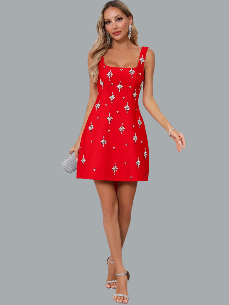 Model wearing glamorous A-line bandage evening dress