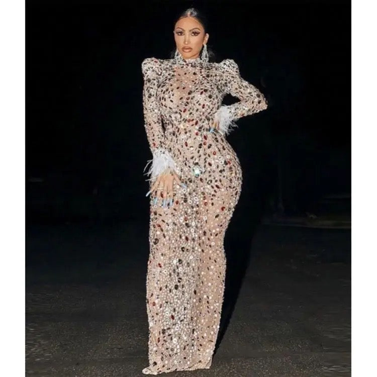 Silver Sparkly  rhinestones sequins  dress |evening prom dress| stranparant shining dress - Yembifashion 