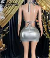 A fashionable two-piece matching set with rhinestone detailing, ideal for parties and special occasions.