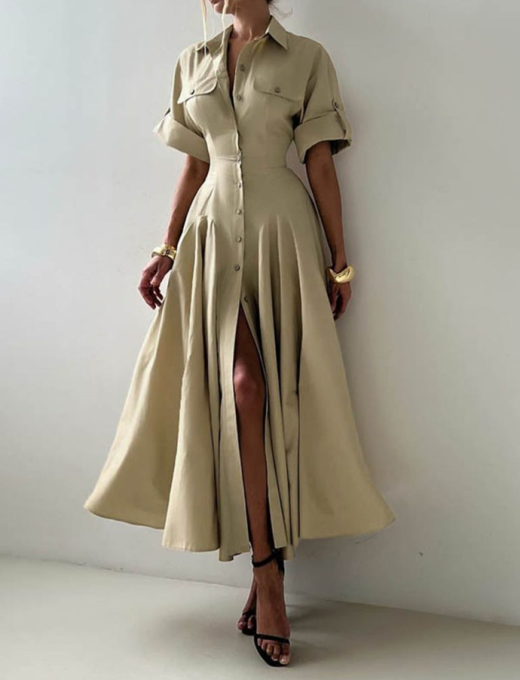 Short Sleeves Buttoned Solid Color Lapel Maxi Dresse