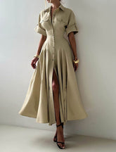 Collared cotton A-line maxi shirt dress