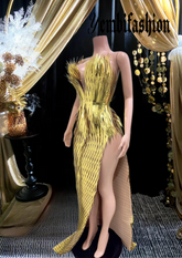Gold side slit dress with metallic feathers, luxury evening wear