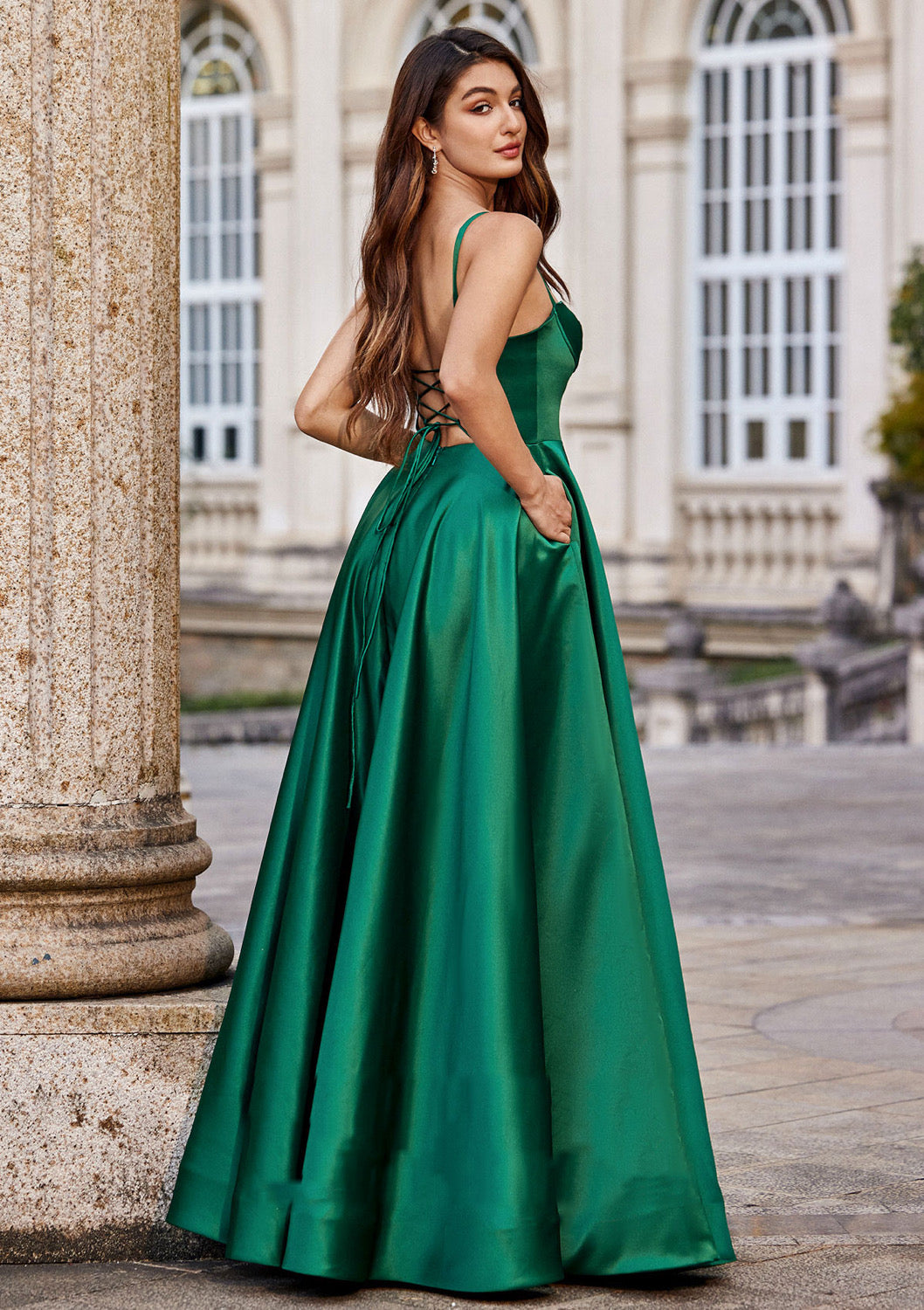 A-line Satin Prom Dress Sweetheart Floor-Length with Pockets Split - Yembifashion 