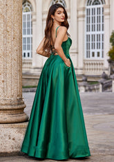 A-line Satin Prom Dress Sweetheart Floor-Length with Pockets Split - Yembifashion 