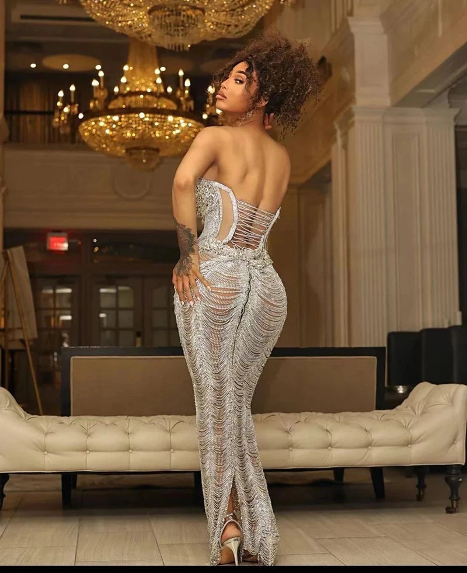 Yellow Diamante Dress with crystal embellishments for elegant occasions.