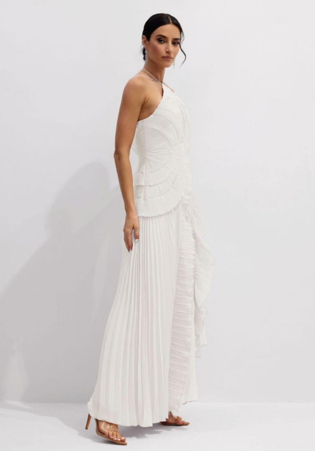 White  Asymmetry Pleated Halterneck Midi Dress