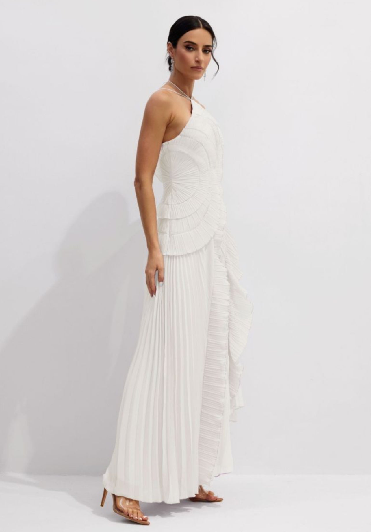 White  Asymmetry Pleated Halterneck Midi Dress