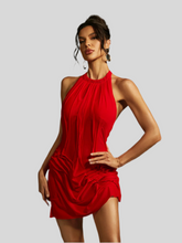 Vero halterneck ruched mini dress in red