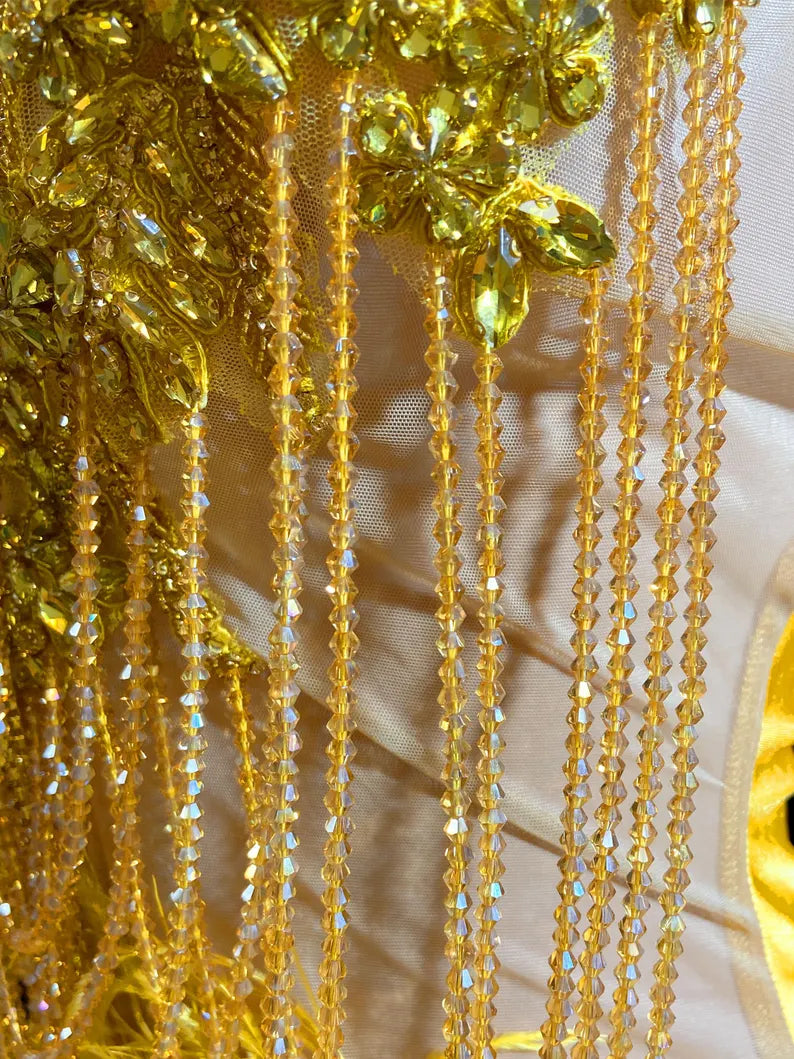 A gold crystal rhinestone birthday party dress with intricate crystal detailing, perfect for glamorous events like birthdays or cocktail parties.