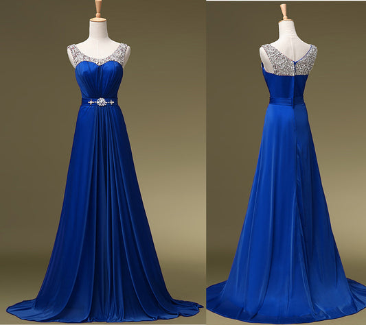 Royal Blue Long Chiffon Floral Beadings Scoop A Line Evening Gown Prom Party Dresses - Yembifashion 