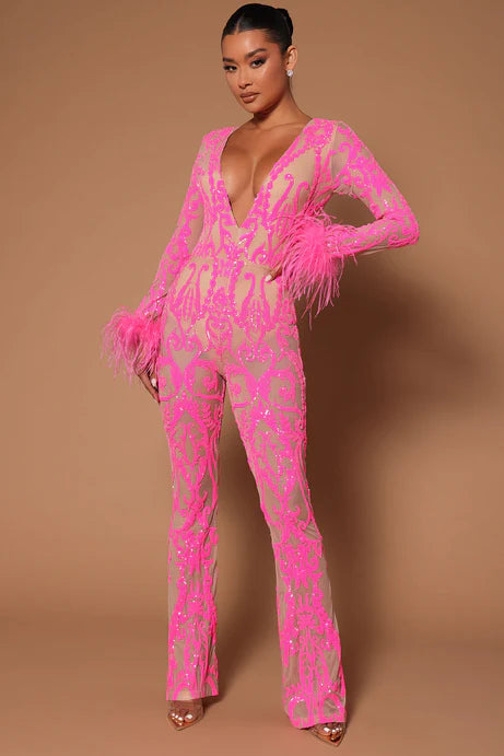 Lorry Sequin Feather Jumpsuit - Pink