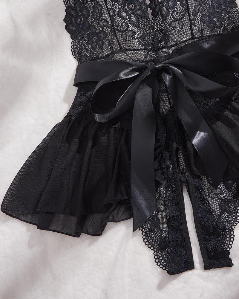 Flower Lace Open Crotch Suspender Backless Nightgown – Sexy Lingerie Dress for Women