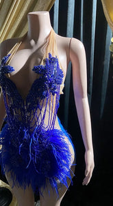 Blue diamante tulle mini dress with sparkling rhinestone details, perfect for parties and special occasions."