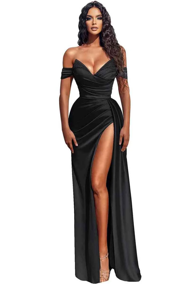 Off-the-Shoulder Dusty Blue Mermaid Prom Dress With Slit - Yembifashion 