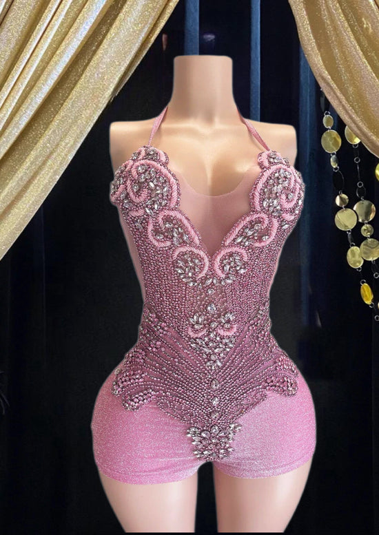 Pink Rhinestone Bodysuit-Luxury Romper suit